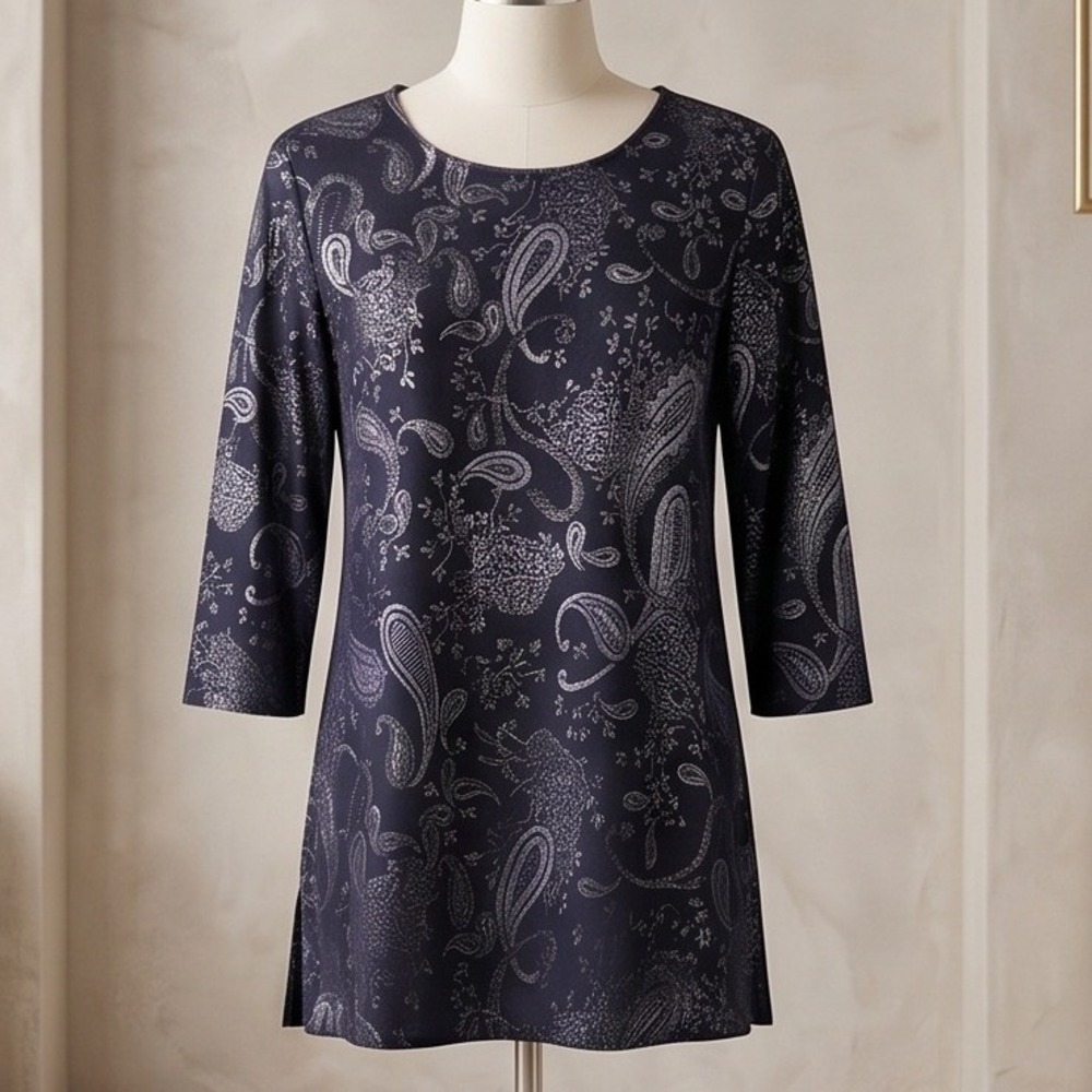 Chico's Easywear 2 Paisley‎ Foil Shine Jacquard 3/4 Sleeve Top Purple Luxe NWT